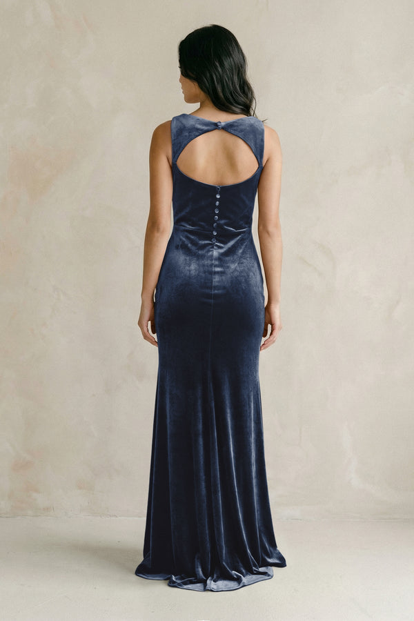Cowl Neck Mermaid Velvet Bridesmaid Dress in Dusk Blue - KissProm Bridesmaid Dresses
