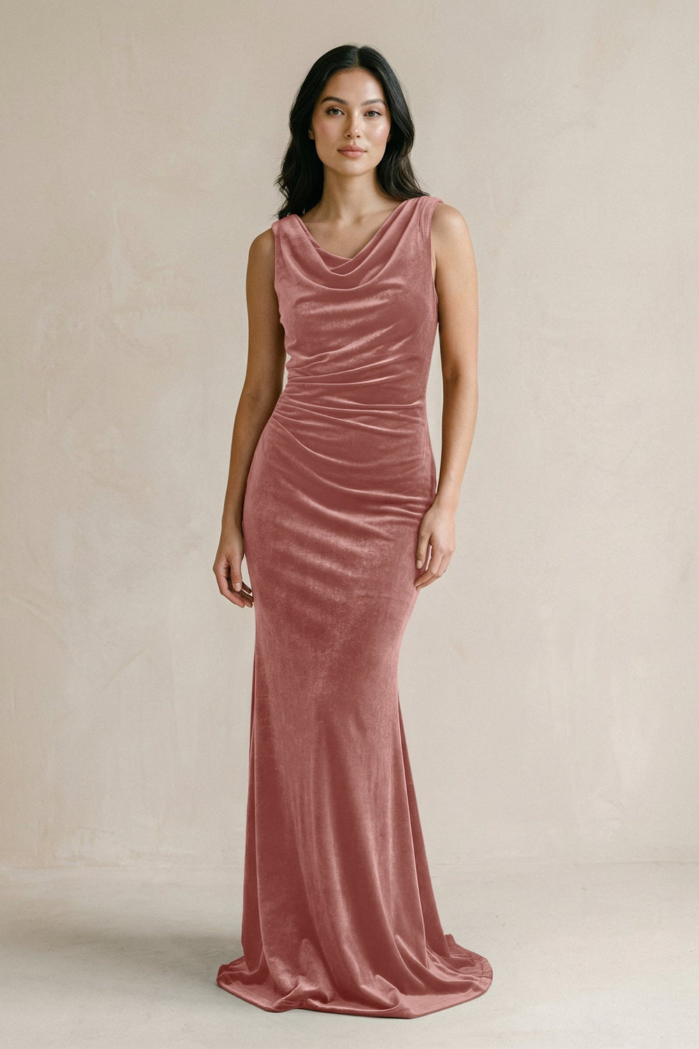 Cowl Neck Mermaid Velvet Bridesmaid Dress in Dusty Rose - KissProm Bridesmaid Dresses