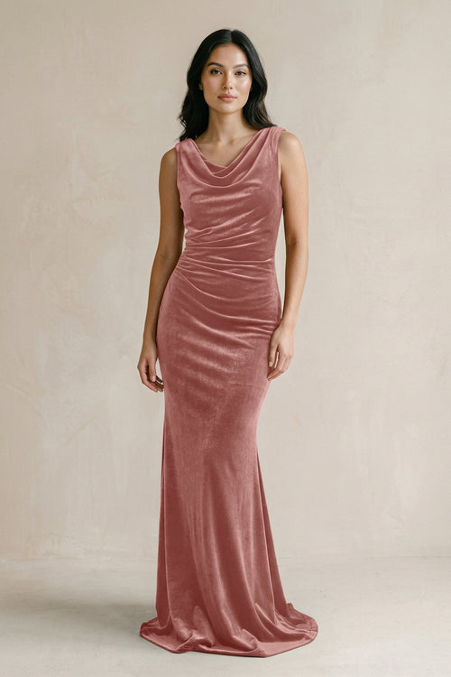 Cowl Neck Mermaid Velvet Bridesmaid Dress in Dusty Rose - KissProm Bridesmaid Dresses