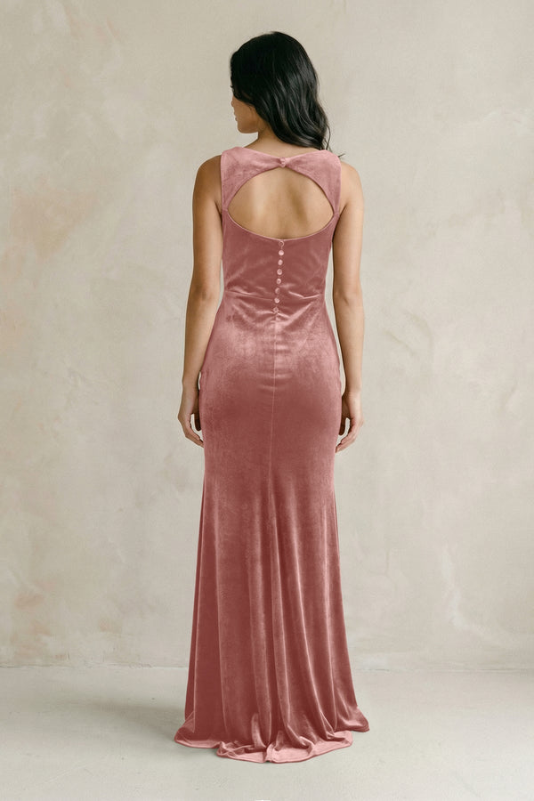 Cowl Neck Mermaid Velvet Bridesmaid Dress in Dusty Rose - KissProm Bridesmaid Dresses