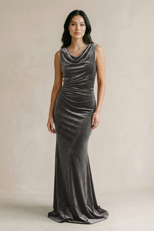 Cowl Neck Mermaid Velvet Bridesmaid Dress in Frost - KissProm Bridesmaid Dresses