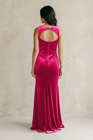 Cowl Neck Mermaid Velvet Bridesmaid Dress in Fuchsia - KissProm Bridesmaid Dresses