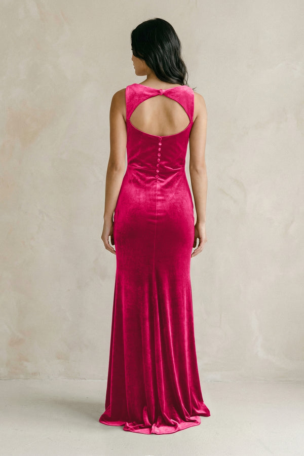 Cowl Neck Mermaid Velvet Bridesmaid Dress in Fuchsia - KissProm Bridesmaid Dresses