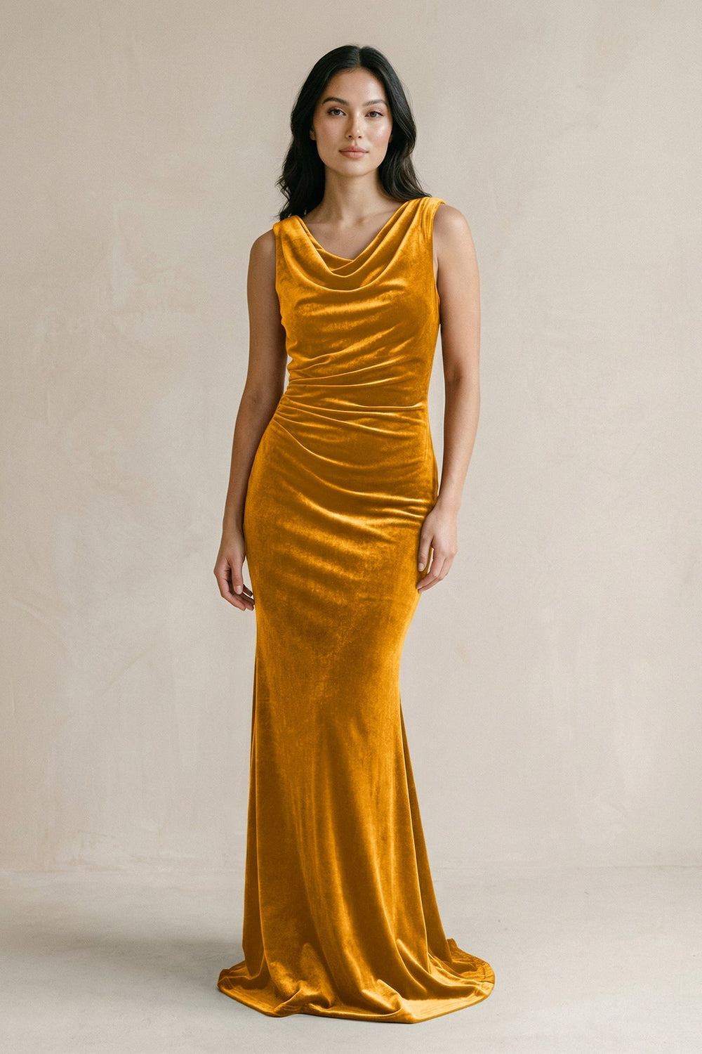 Cowl Neck Mermaid Velvet Bridesmaid Dress in Gold - KissProm Bridesmaid Dresses