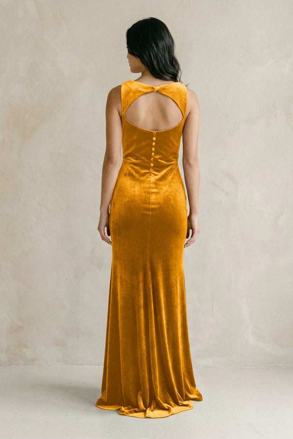Cowl Neck Mermaid Velvet Bridesmaid Dress in Gold - KissProm Bridesmaid Dresses