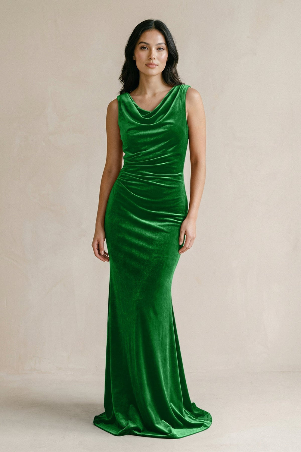 Cowl Neck Mermaid Velvet Bridesmaid Dress in Green - KissProm Bridesmaid Dresses