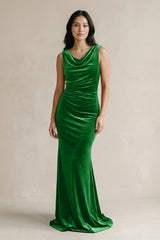 Cowl Neck Mermaid Velvet Bridesmaid Dress in Green - KissProm Bridesmaid Dresses