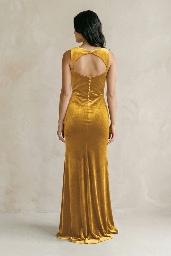 Cowl Neck Mermaid Velvet Bridesmaid Dress in Marigold - KissProm Bridesmaid Dresses