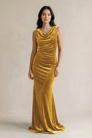 Cowl Neck Mermaid Velvet Bridesmaid Dress in Marigold - KissProm Bridesmaid Dresses