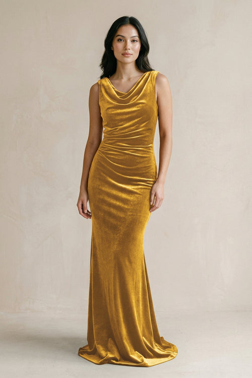 Cowl Neck Mermaid Velvet Bridesmaid Dress in Marigold - KissProm Bridesmaid Dresses