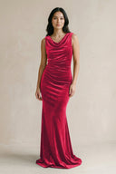 Cowl Neck Mermaid Velvet Bridesmaid Dress in Merlot - KissProm Bridesmaid Dresses