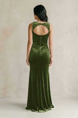 Cowl Neck Mermaid Velvet Bridesmaid Dress in Olive - KissProm Bridesmaid Dresses