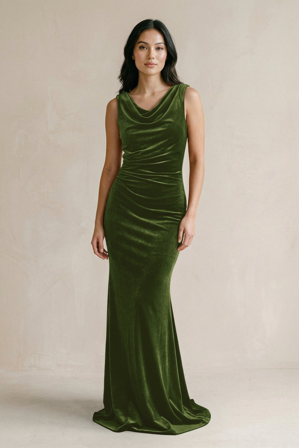 Cowl Neck Mermaid Velvet Bridesmaid Dress in Olive - KissProm Bridesmaid Dresses