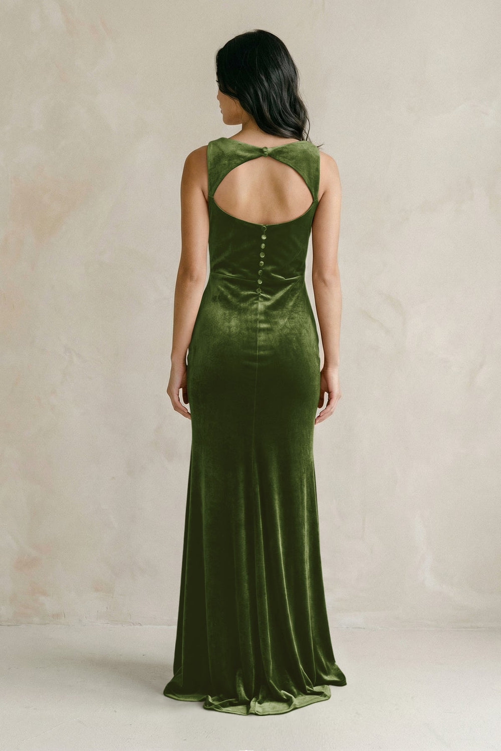 Cowl Neck Mermaid Velvet Bridesmaid Dress in Olive - KissProm Bridesmaid Dresses