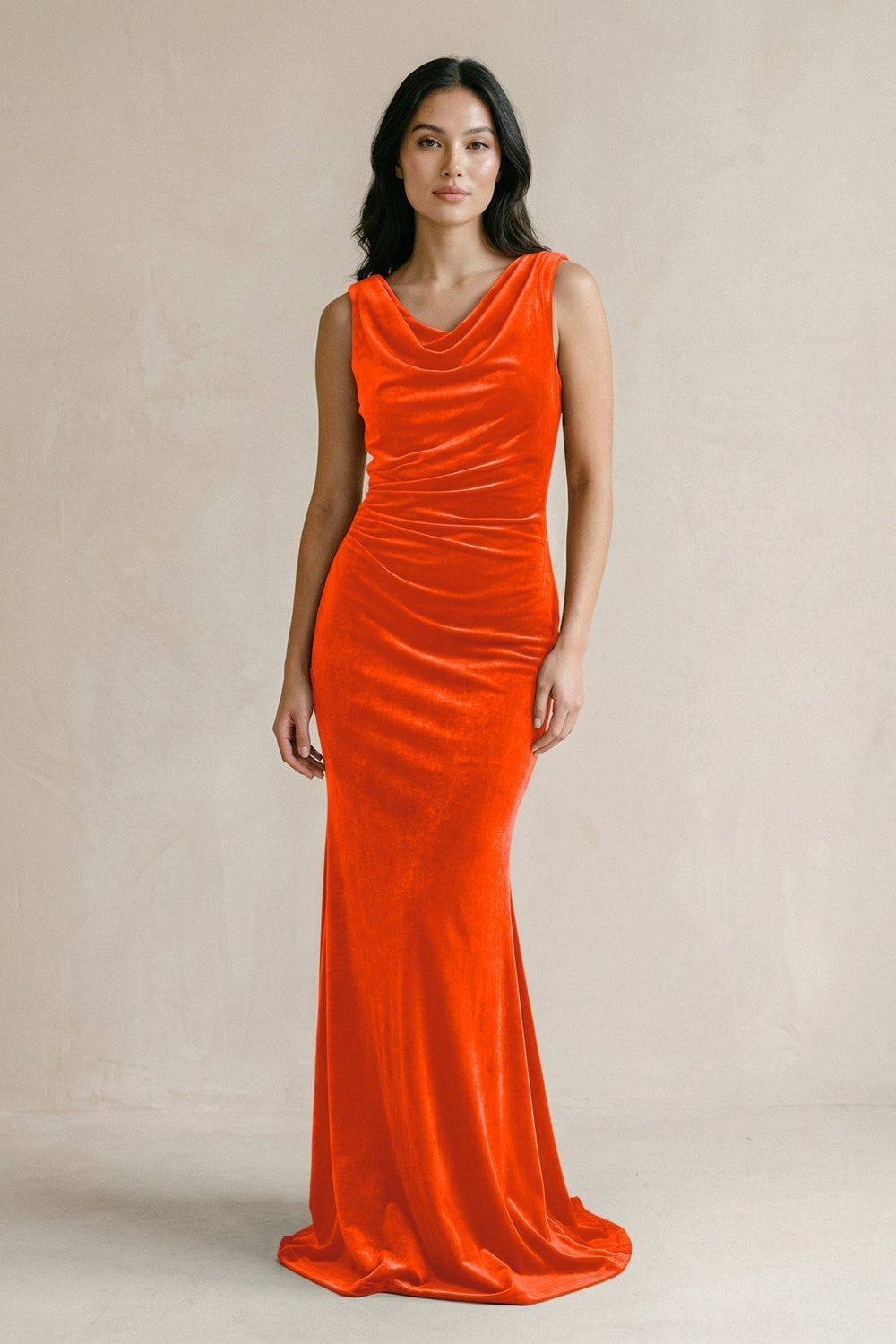Cowl Neck Mermaid Velvet Bridesmaid Dress in Orange - KissProm Bridesmaid Dresses