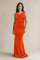 Cowl Neck Mermaid Velvet Bridesmaid Dress in Orange - KissProm Bridesmaid Dresses