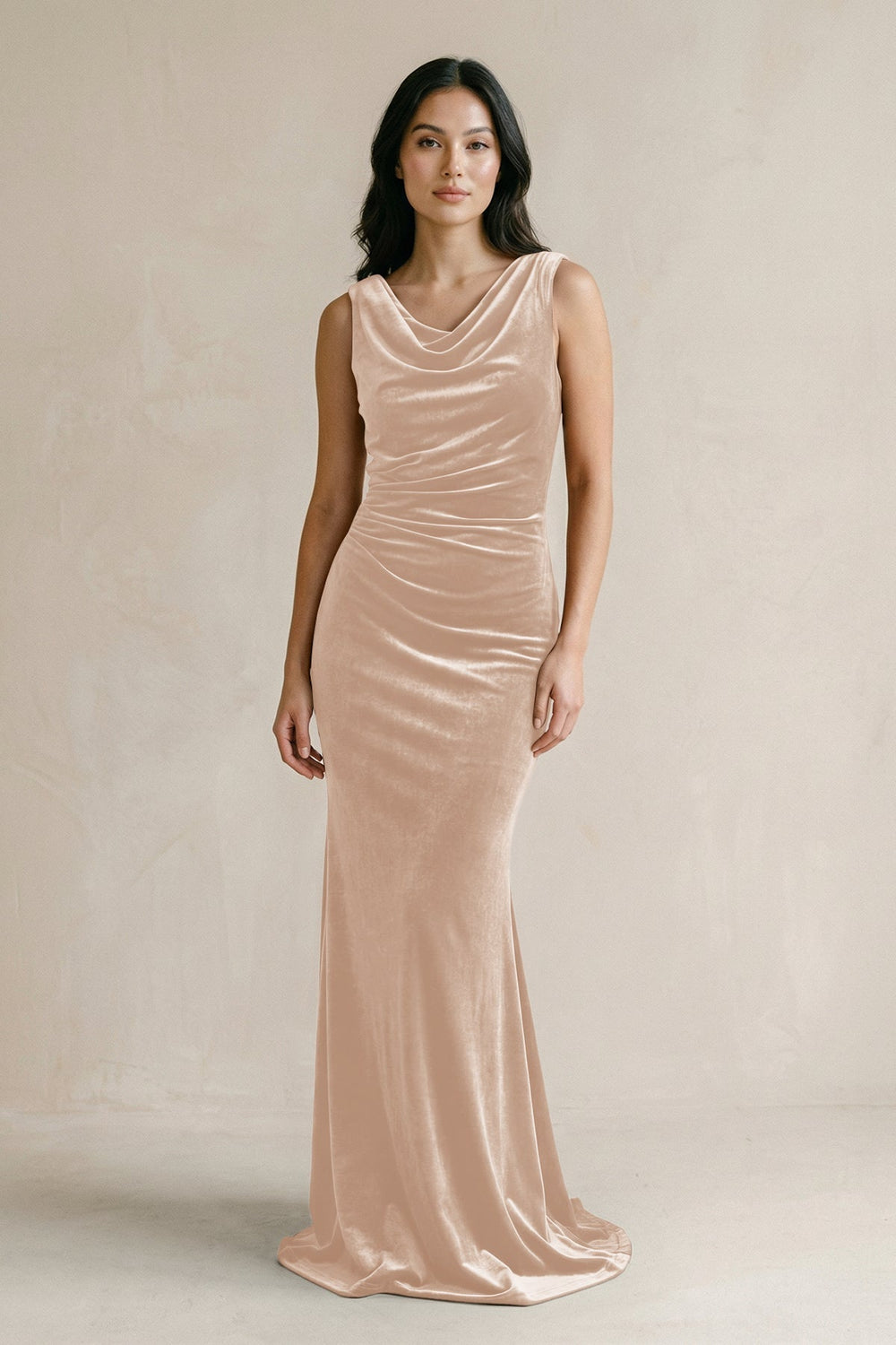 Cowl Neck Mermaid Velvet Bridesmaid Dress in Pale Blush - KissProm Bridesmaid Dresses