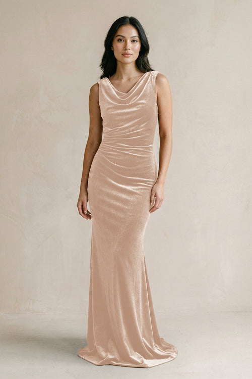 Cowl Neck Mermaid Velvet Bridesmaid Dress in Pale Blush - KissProm Bridesmaid Dresses