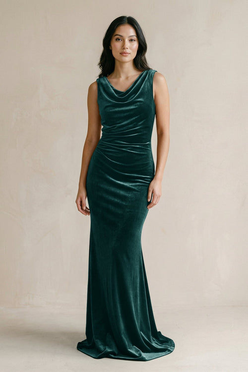 Cowl Neck Mermaid Velvet Bridesmaid Dress in Pine - KissProm Bridesmaid Dresses