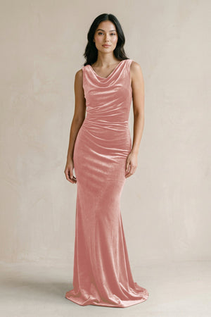 Cowl Neck Mermaid Velvet Bridesmaid Dress in Rose Petal - KissProm Bridesmaid Dresses