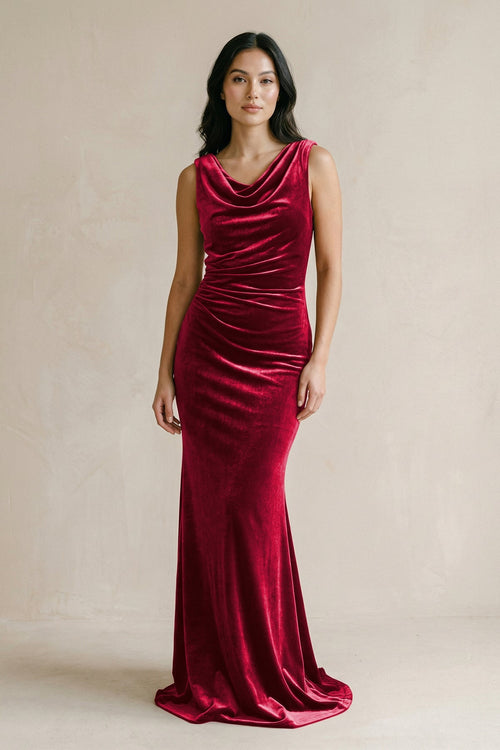 Cowl Neck Mermaid Velvet Bridesmaid Dress in Rosewood - KissProm BRIDESMAID DRESSES