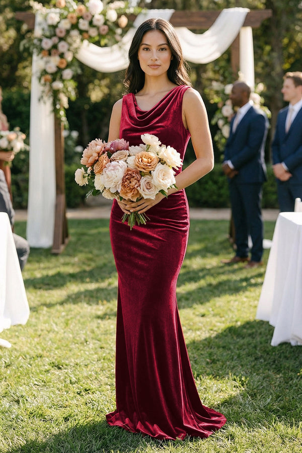 Cowl Neck Mermaid Velvet Bridesmaid Dress in Rosewood - KissProm BRIDESMAID DRESSES