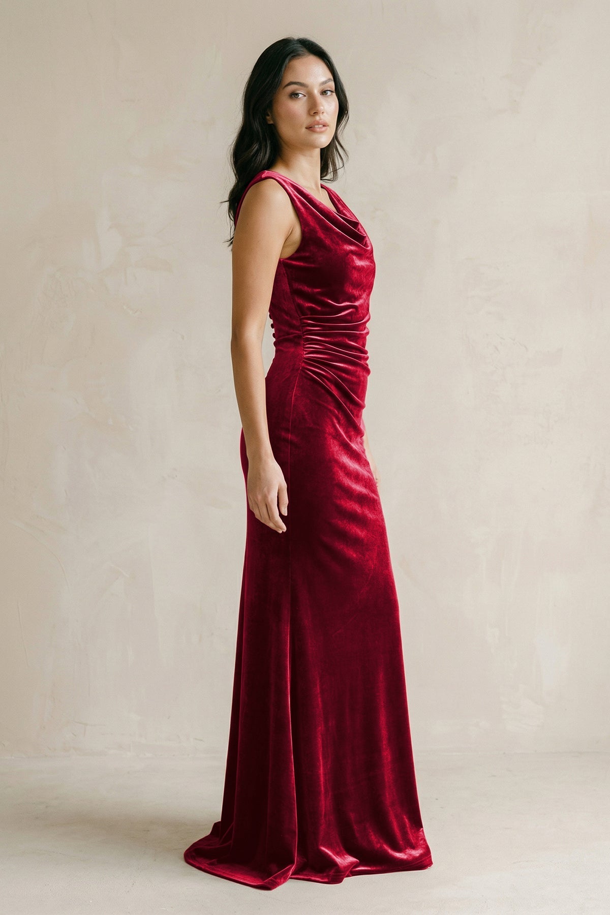 KissProm Cowl Neck Mermaid Velvet Bridesmaid Dress in Rosewood, Rosewood / 10