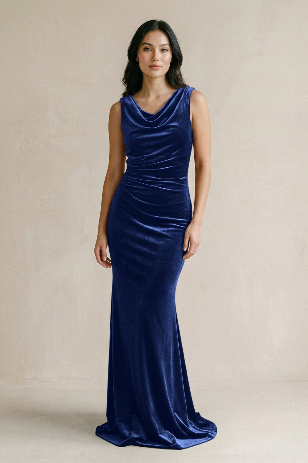 Cowl Neck Mermaid Velvet Bridesmaid Dress in Royal Blue - KissProm Bridesmaid Dresses