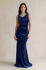 Cowl Neck Mermaid Velvet Bridesmaid Dress in Royal Blue - KissProm Bridesmaid Dresses