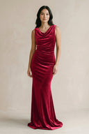 Cowl Neck Mermaid Velvet Bridesmaid Dress in Ruby Red - KissProm Bridesmaid Dresses