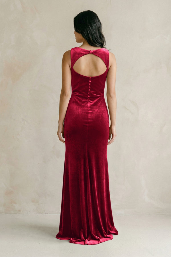 Cowl Neck Mermaid Velvet Bridesmaid Dress in Ruby Red - KissProm Bridesmaid Dresses