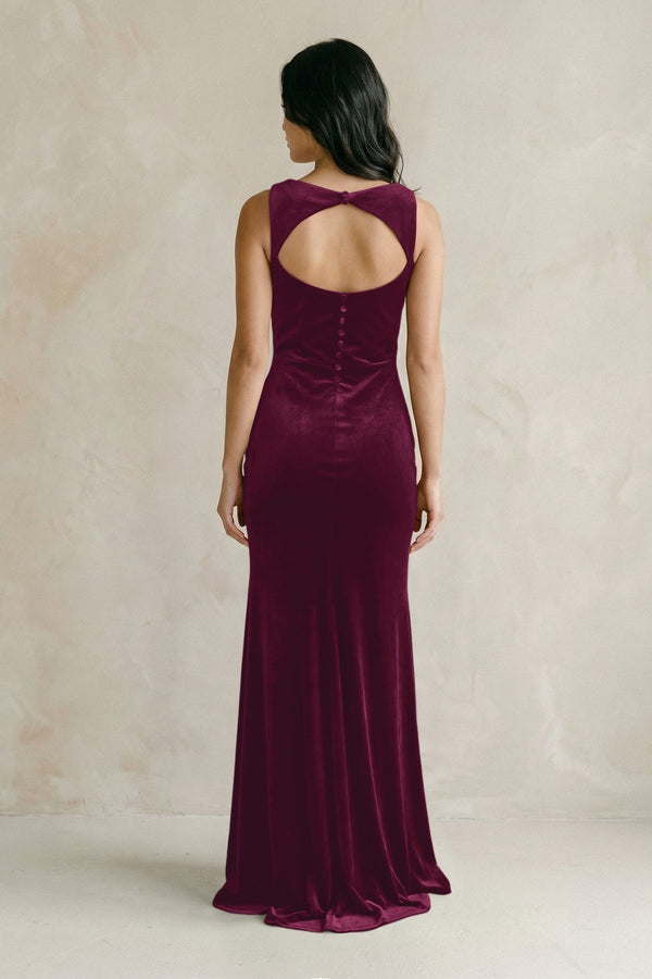 Cowl Neck Mermaid Velvet Bridesmaid Dress in Sangria - KissProm Bridesmaid Dresses