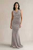 Cowl Neck Mermaid Velvet Bridesmaid Dress in Silver - KissProm Bridesmaid Dresses