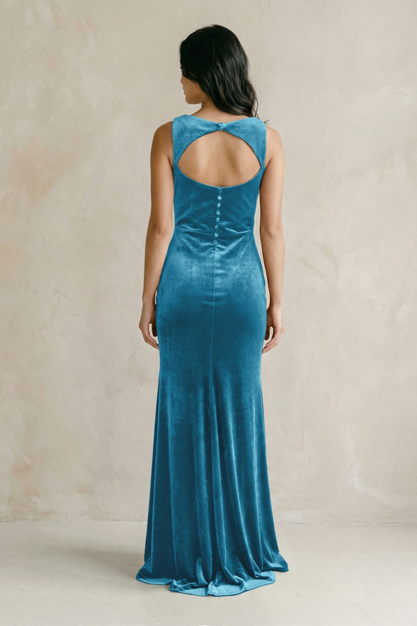 Cowl Neck Mermaid Velvet Bridesmaid Dress in Steel Blue - KissProm Bridesmaid Dresses