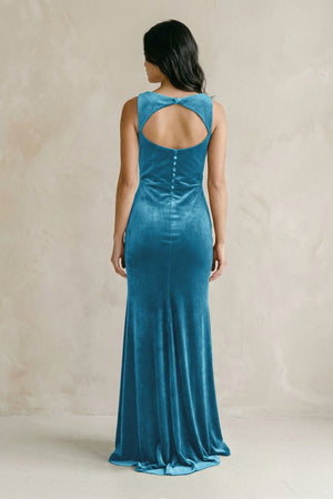 Cowl Neck Mermaid Velvet Bridesmaid Dress in Steel Blue - KissProm Bridesmaid Dresses