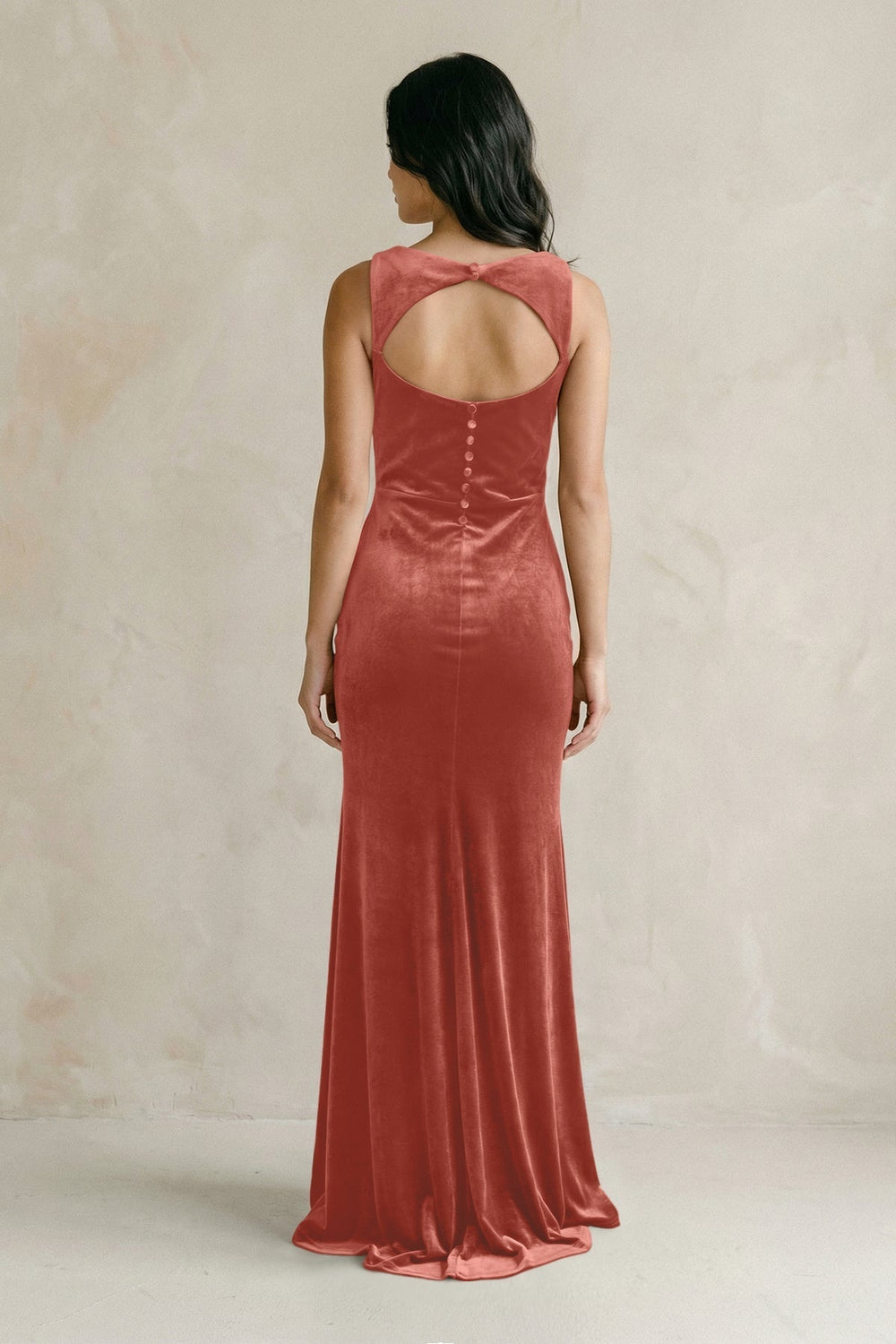 Cowl Neck Mermaid Velvet Bridesmaid Dress in Terracotta - KissProm Bridesmaid Dresses
