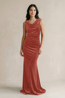 Cowl Neck Mermaid Velvet Bridesmaid Dress in Terracotta - KissProm Bridesmaid Dresses