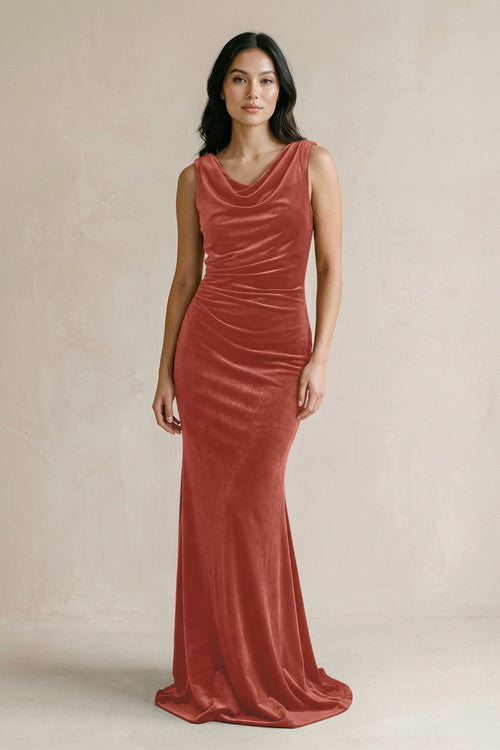 Cowl Neck Mermaid Velvet Bridesmaid Dress in Terracotta - KissProm Bridesmaid Dresses