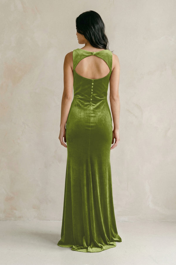 Cowl Neck Mermaid Velvet Bridesmaid Dress in Thyme - KissProm Bridesmaid Dresses