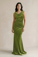 Cowl Neck Mermaid Velvet Bridesmaid Dress in Thyme - KissProm Bridesmaid Dresses