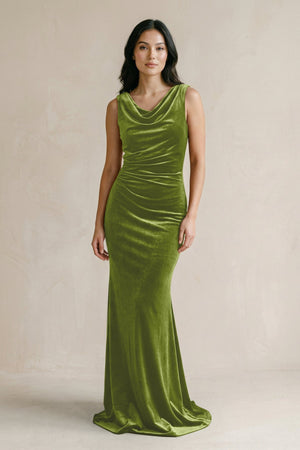 Cowl Neck Mermaid Velvet Bridesmaid Dress in Thyme - KissProm Bridesmaid Dresses