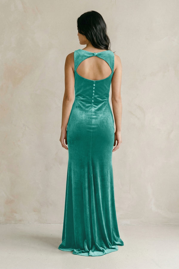 Cowl Neck Mermaid Velvet Bridesmaid Dress in Turquoise - KissProm Bridesmaid Dresses