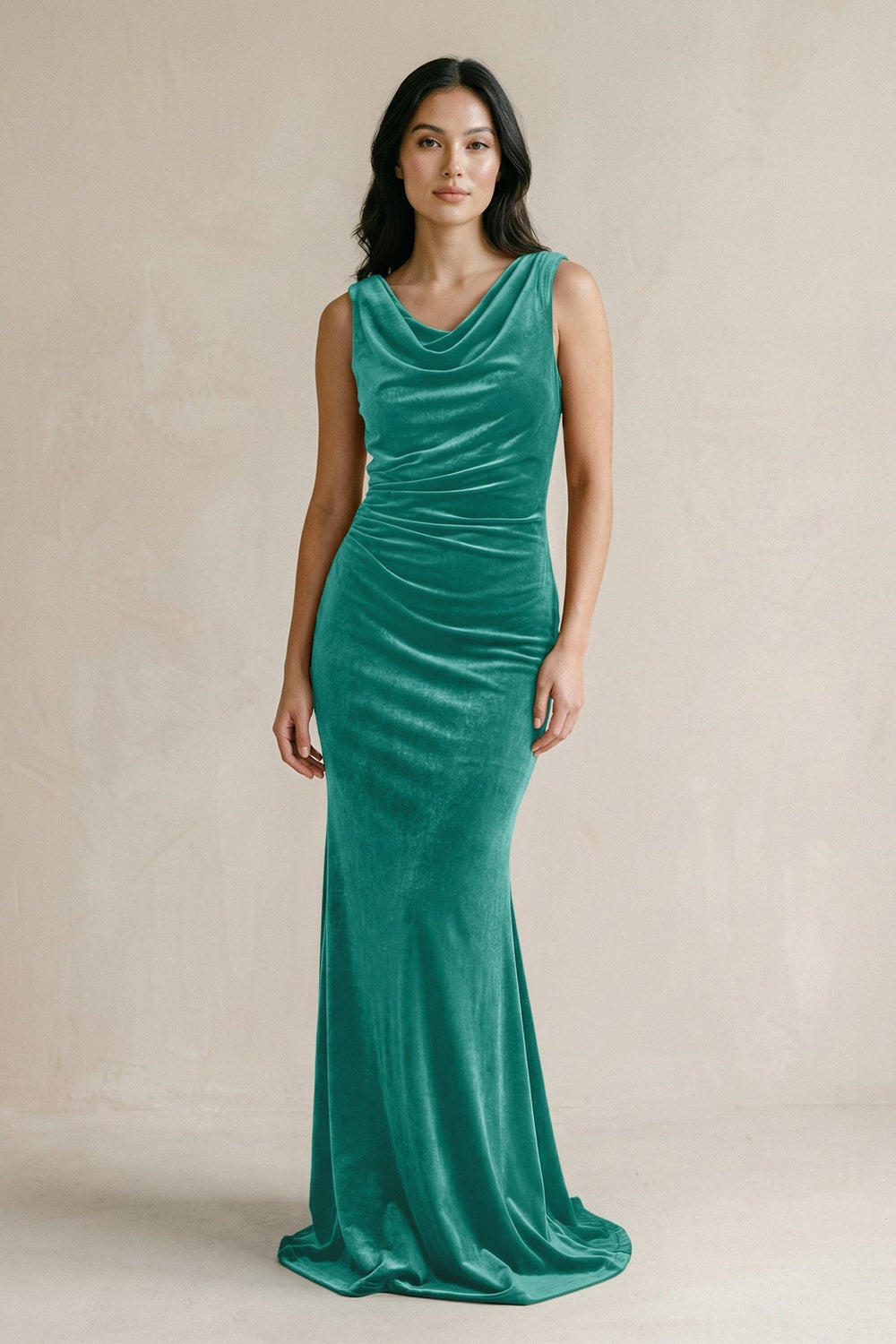Cowl Neck Mermaid Velvet Bridesmaid Dress in Turquoise - KissProm Bridesmaid Dresses
