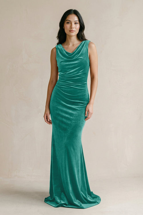 Cowl Neck Mermaid Velvet Bridesmaid Dress in Turquoise - KissProm Bridesmaid Dresses