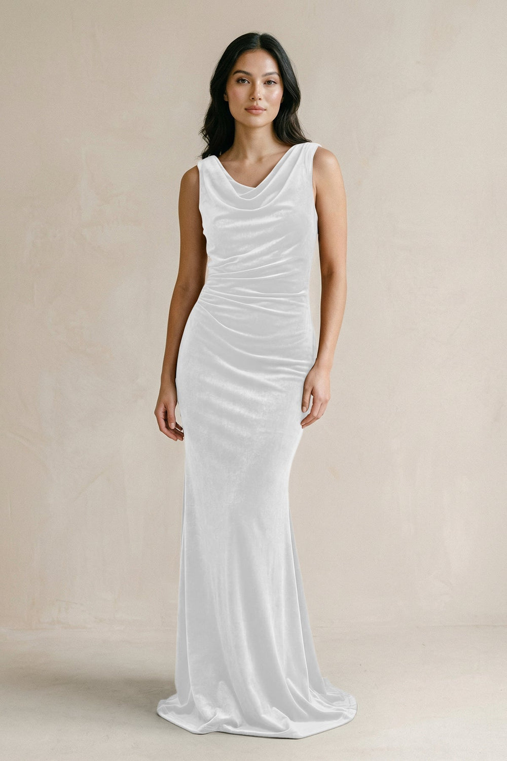 Cowl Neck Mermaid Velvet Bridesmaid Dress in White - KissProm Bridesmaid Dresses