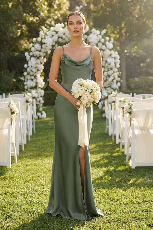 Sheath Cowl Neck Satin Bridesmaid Dress With Slit in Thyme, Thyme / 0
