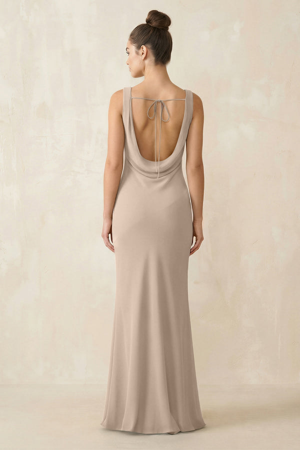Cowl Neck Sheath Chiffon Bridesmaid Dress in Almond - KissProm Bridesmaid Dresses
