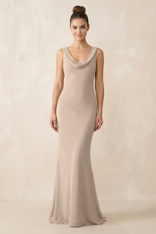Cowl Neck Sheath Chiffon Bridesmaid Dress in Almond - KissProm Bridesmaid Dresses