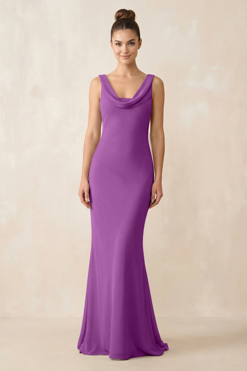 Cowl Neck Sheath Chiffon Bridesmaid Dress in Amethyst - KissProm Bridesmaid Dresses