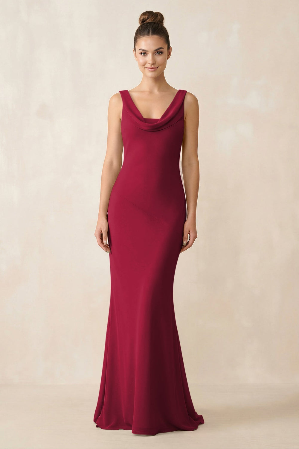 Cowl Neck Sheath Chiffon Bridesmaid Dress in Berry - KissProm Bridesmaid Dresses